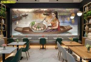 รูปวิวตกแต่งร้านอาหารไทย ภาพศิลปะก๋วยเตี๋ยวเรือและชุมชนริมน้ำที่สื่อถึงความเป็นไทยแท้และรสชาติดั้งเดิม
