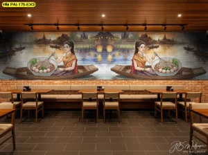 วอลเปเปอร์ภาพวิวตลาดน้ำแบบดั้งเดิมเน้นสีเรียบง่ายและบรรยากาศอบอุ่น เหมาะกับร้านอาหารสไตล์คลาสสิกไทยในศูนย์อาหาร