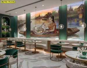 วอลเปเปอร์ร้านก๋วยเตี๋ยวเรือสไตล์ลักชูรี่โมเดิร์น ตกแต่งด้วยภาพศิลปะเรือนไทยริมน้ำโทนสีเขียว-ทองพร้อมเฟอร์นิเจอร์หรูหรา