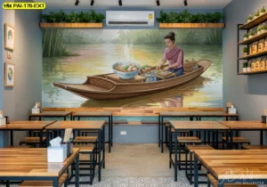 สติ๊กเกอร์วอลเปเปอร์ร้านอาหารไทยแท้สไตล์วินเทจ ตกแต่งผนังด้วยภาพเรือนไทยโบราณริมแม่น้ำพร้อมการจัดวางโต๊ะแบบดั้งเดิม