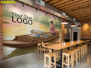 ภาพศิลปะตกแต่งภายในร้านอาหารแบบโมเดิร์นเน้นความกลมกลืนและวิถีชีวิตไทยแบบดั้งเดิมบนผนังขนาดใหญ่สร้างความประทับใจ