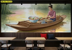ภาพศิลปะก๋วยเตี๋ยวเรือขายริมคลองสไตล์วินเทจไทย วอลเปเปอร์ตกแต่งร้านอาหารแบบคลาสสิคโทนสีน้ำตาลเข้มตัดสีอ่อน