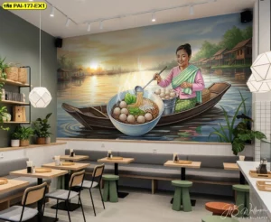 วอลเปเปอร์ไร้รอยต่อร้านก๋วยเตี๋ยวเรือ ภาพศิลปะชุมชนริมน้ำคุณภาพสูงที่สร้างบรรยากาศไทยแท้ให้กับร้านอาหาร