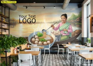 วอลเปเปอร์ตกแต่งร้านก๋วยเตี๋ยวเรือสไตล์โมเดิร์นคลาสสิค แสดงภาพศิลปะการทำก๋วยเตี๋ยวเรือแบบดั้งเดิมบนผนังร้านอาหาร