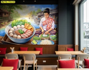 วอลเปเปอร์ร้านอาหารก๋วยเตี๋ยวเรือสไตล์อินดัสเทรียลไทยโมเดิร์น ตกแต่งด้วยภาพศิลปะตลาดน้ำและการทำอาหารแบบดั้งเดิมโทนสีฟ้าแก้ว