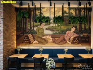 ภาพวิวลายไทยริมสายน้ำ รายละเอียดต้นไผ่และทิวมะพร้าว สื่อความผ่อนคลาย เหมาะกับผนังหลักที่ต้องการโทนสงบและรองรับลูกค้าครอบครัว