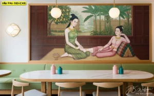 ลายไทยฉากธรรมชาติเปิดโล่ง เสริมมิติด้วยแนวรั้วและต้นไม้ ช่วยให้โซนรอคิวดูกว้างและสบายตาขึ้น