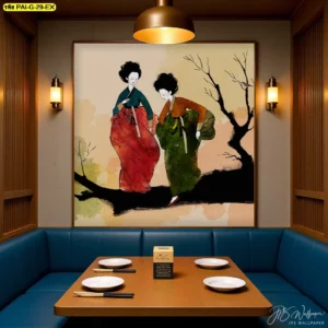 ลายวอลเปเปอร์ผู้หญิงเกาหลีติดผนังร้านอาหารและคาเฟ่ช่วยสร้างจุดเด่นทางศิลปะและเพิ่มความน่าสนใจในบรรยากาศที่อบอุ่นและเป็นกันเอง