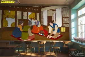 วอลเปเปอร์ลายศิลปะเกาหลีแนวครอบครัว ดูทันสมัยผสมกลิ่นอายวัฒนธรรม ตกแต่งห้องอาหาร หรือพื้นที่รับแขกในโครงการที่ใส่ใจบรรยากาศเป็นกันเอง