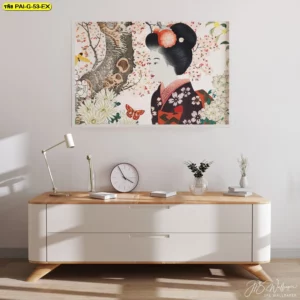 ภาพศิลปะญี่ปุ่นสไตล์โมเดิร์นเน้นลวดลายดอกไม้และรายละเอียดงานวาดมือ เหมาะสำหรับตกแต่งผนังห้องอ่านหนังสือของนักแต่งบ้านที่ชื่นชอบศิลปะแนวเอเชีย