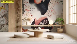 ภาพวอลเปเปอร์ลายหญิงญี่ปุ่นชุดดอกไม้บนผนังห้องนั่งเล่นสไตล์มินิมอล ช่วยเสริมบรรยากาศอบอุ่นและความสวยงามให้พื้นที่พักผ่อนในบ้านยุคใหม่