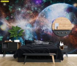 ภาพวิวอวกาศแต่งห้องบันเทิงแนวโมเดิร์น โทนสีสดใส สะท้อนบรรยากาศร่วมสมัยและดึงดูดกลุ่มลูกค้าใหม่