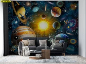 วอลเปเปอร์ธีมอวกาศ วิวดาวเคราะห์และกาแล็กซีพลิกโฉมพื้นที่รับแขก เน้นบรรยากาศทันสมัยและความคิดสร้างสรรค์