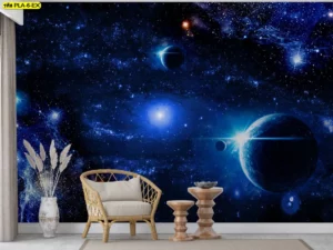 ภาพวิวจักรวาลโทนสีฟ้าน้ำเงิน เน้นความลึกลับของดาวเคราะห์และดวงดาว สำหรับห้องรับรองมีดีไซน์