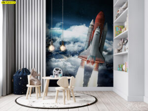 วอลเปเปอร์ห้องเด็กลายอวกาศ แต่งผนังห้องเรียนศิลปะ ลายจรวดและดาวในโทนสีกรมท่าปลอดสารพิษเหมาะสำหรับเด็กเล็กและปลอดภัยต่อสุขภาพ