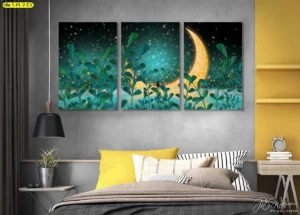 ห้องพักสไตล์โมเดิร์นโทนเทา‑เหลือง ใช้ภาพกลางคืนแฟนตาซีให้เป็นฉากหลังการถ่ายภาพคอนเทนต์ สำหรับหัวเตียงโฮมออฟฟิศหรือสตูดิโอ