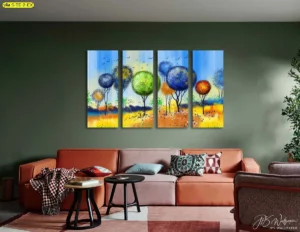 ภาพต้นไม้หลากสีในทุ่งฤดูกาลสดใส จัดวาง 4 แผ่น โทนฟ้า‑เขียว‑ส้ม เหนือโซฟาอิฐส้ม เติมบรรยากาศสนุกและถ่ายรูปขึ้นในห้องรับแขก