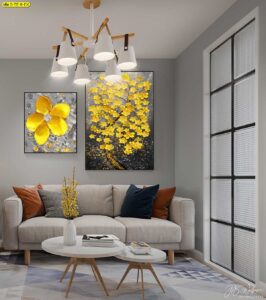 ภาพชุดใส่กรอบโทนดำ‑ทอง ตกแต่งห้องนั่งเล่นสไตล์โมเดิร์น เหมาะเจ้าของบ้านระดับพรีเมียมที่ต้องการความหรูและพร้อมแขวน