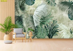 วอลเปเปอร์ลายใบไม้สีเขียว ทั้งใบปาล์มและมอนสเตอร่าขนาดใหญ่ตกแต่งห้องนั่งเล่นสไตล์โมเดิร์นสำหรับครอบครัวที่มีเด็กเล็ก
