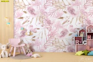 ภาพศิลปะดอกไม้โทนสีชมพูพาสเทลตกแต่งห้องเด็กสไตล์โมเดิร์นซอฟท์ที่ให้ความรู้สึกอ่อนหวานและอบอุ่น