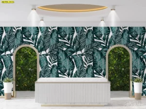 วอลเปเปอร์ลายใบไม้สีเขียว โทนเข้มตกแต่งห้องรับแขกสไตล์ลักชัวรี่โมเดิร์นโทนสีทองขาวสำหรับครอบครัวหรูหรา