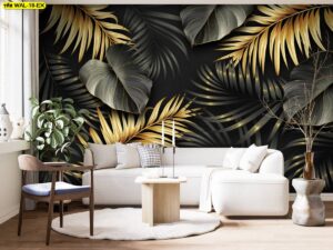 ใบปาล์มซ้อนชั้นโทนดำเทาทองในห้องนั่งเล่นคอนโดกับโซฟาสีอ่อน ช่วยสร้างจุดเด่นถ่ายรูปสวยและรักษาความโมเดิร์น