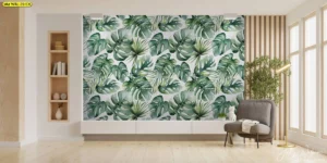 ภาพตกแต่งห้องลายมอนสเตอร่าแบบซ้ำโทนสีเขียวขาวสไตล์สแกนดิเนเวียนเสริมการเรียนรู้รูปแบบสำหรับเด็กเล็ก