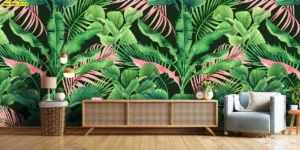 วอลเปเปอร์ลายใบไม้สีเขียว ใบปาล์มสีเขียวชมพูตกแต่งห้องนั่งเล่นสไตล์ทรอปิคอลโมเดิร์นกระตุ้นความคิดสร้างสรรค์ของเด็ก