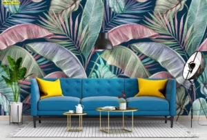 ภาพศิลปะใบปาล์มสีสดใส โทนเขียวมิ้นท์ชมพูม่วง สำหรับห้องรับแขกสไตล์ Modern