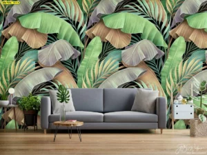 วอลเปเปอร์ใบไม้สไตล์โมเดิร์น รวมใบไม้ สีธรรมชาติ แนว Tropical Contemporary ตกแต่งห้องนั่งเล่น