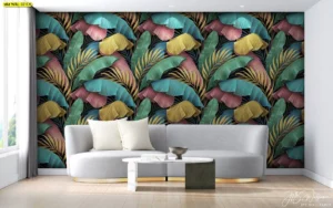 วอลเปเปอร์ใบไม้สไตล์โมเดิร์น หลากสี โทนเทอร์คอยซ์ชมพูเหลือง ตกแต่งห้องนอนแบบ Contemporary