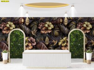 ภาพวอลเปเปอร์ดอกไม้พื้นดำลายใบใหญ่โทนทองบรอนซ์สำหรับโถงรับแขก เติมบรรยากาศลึกหรูและเชื่อมกับต้นไม้จริง เหมาะทำผนังฟีเจอร์ในบ้านหรือคอนโดสไตล์เข้ม