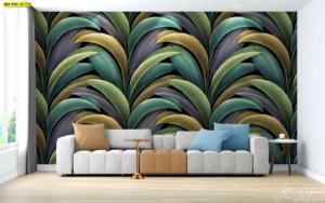 วอลเปเปอร์ใบไม้สไตล์โมเดิร์น เลื่อมซ้อน สไตล์ Contemporary Botanical โทนเขียวม่วงเหลือง ตกแต่งห้องนั่งเล่น