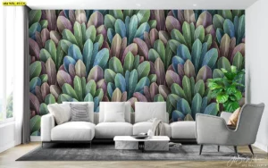 ภาพศิลปะใบไม้เรียงชั้น แบบ Tropical Mosaic โทนเขียวน้ำเงินม่วง สำหรับห้องครอบครัวสไตล์ทันสมัย