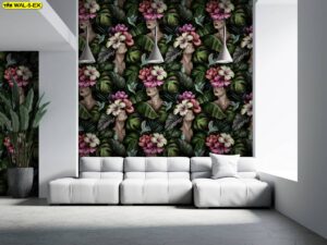 ลายอาร์ตหญิงสาวกับดอกไม้และใบไม้โทนเขียวชมพูบนพื้นดำ เหมาะทำผนังมุมโปรดเพื่อเพิ่มมู้ดดรามาติกและเสน่ห์