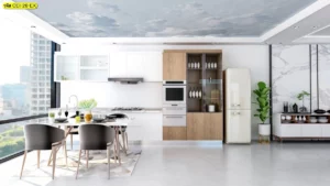 วอลเปเปอร์ฝ้าเพดานลายท้องฟ้า เมฆขาวห้องครัวสไตล์สแกนดิเนเวียน รูปติดผนังลายท้องฟ้าใสสำหรับครอบครัวที่รักการทำอาหาร