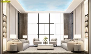 วอลเปเปอร์ฝ้าเพดานลายท้องฟ้า สีฟ้าอ่อนเมฆขาวตกแต่งห้องรับแขกสไตล์โมเดิร์นหรูหราสำหรับครอบครัวหนุ่มสาว สร้างความกว้างขวางให้พื้นที่นั่งเล่น สั่งพิมพ์ตามขนาด