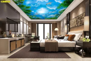 ห้องพักโรงแรมหรูตกแต่งด้วย วอลเปเปอร์ภาพวิวท้องฟ้า นกบินใบไม้เขียวบนเพดานสไตล์โมเดิร์นลักซ์ชัวรี่พร้อมอ่างอาบน้ำในห้อง