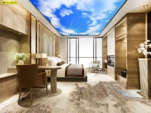 วอลเปเปอร์ติดเพดานลายท้องฟ้าแสงแดดเมฆขาวตกแต่งห้องนอนสไตล์ลักชูรี่สำหรับครอบครัวหนุ่มสาว โฟกัสฝ้าเพดานลายท้องฟ้าใสสร้างบรรยากาศผ่อนคลาย