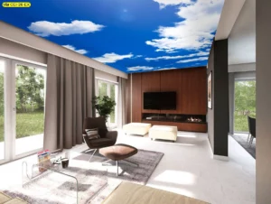 วอลเปเปอร์ฝ้าเพดานลายท้องฟ้า ภาพเมฆขาวสีฟ้าใส ตกแต่งห้องนั่งเล่นสไตล์โมเดิร์นมินิมอลสำหรับครอบครัวหนุ่มสาว