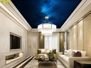 ภาพวิวกาแลคซี่ดาวบนฝ้าเพดานห้องรับแขก วอลเปเปอร์ลายจักรวาลสีน้ำเงินเข้มสร้างความประทับใจให้แขกผู้มาเยือน