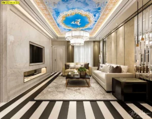 ภาพวิวฝ้าเพดานคลาสสิกสีฟ้าทองลายเมฆนกยูงสำหรับตกแต่งห้องนั่งเล่นหรูระดับพรีเมียมสไตล์ยุโรป