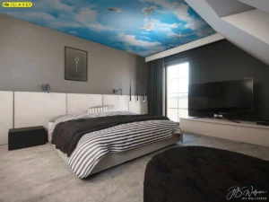 วอลเปเปอร์ฝ้าเพดานลายท้องฟ้า ภาพนกบินเมฆขาวสีฟ้าใสตกแต่งห้องนอนสไตล์มินิมอลโมเดิร์น โฟกัสฝ้าเพดานลายท้องฟ้าธรรมชาติสร้างความสงบเงียบ