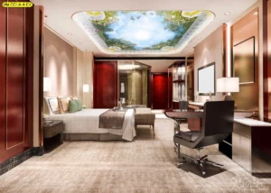 ห้องพักโรงแรมระดับห้าดาวตกแต่งด้วย วอลเปเปอร์ภาพวิวท้องฟ้า ใบไม้บนเพดานโทนสีทองน้ำตาลหรูหราพร้อมเฟอร์นิเจอร์คุณภาพสูง