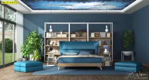 ห้องนอนสไตล์โมเดิร์นตกแต่งด้วย วอลเปเปอร์ภาพวิวท้องฟ้า เมฆขาวบนเพดานผนังสีฟ้าเข้มพร้อมชั้นหนังสือและเฟอร์นิเจอร์โทนสีฟ้าขาว