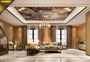 วอลเปเปอร์เพดานศิลปะคลาสสิก ทองเหลืองลายเรขาคณิตสำหรับห้องนั่งเล่นเจ้าของบ้านรสนิยมสูงแนวคลาสสิกหรู