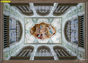 วอลเปเปอร์เพดานศิลปะคลาสสิก ภาพวาดเซอร์ราอันโดล์เทวดากับลายไทยมงคลตกแต่งห้องโถงใหญ่บ้านหรูแนวคลาสสิกหรูหรา