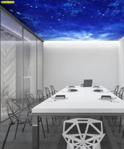 วอลเปเปอร์ฝ้าเพดานลายท้องฟ้า กาแลคซี่สีน้ำเงินเข้มดวงดาวบนห้องประชุมสำนักงานสไตล์โมเดิร์น