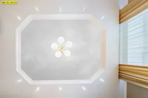 วอลเปเปอร์ฝ้าเพดานลายแปดเหลี่ยมสีขาวเทาโคมไฟดาวตกแต่งห้องรับแขกสไตล์โมเดิร์นมินิมอลสำหรับครอบครัวหนุ่มสาว โฟกัสฝ้าเพดานลายเรขาคณิตแปดเหลี่ยมสร้างความเรียบง่ายหรูหรา