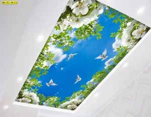 วอลเปเปอร์ภาพวิวท้องฟ้าใบไม้ดอกไม้ขาวนกบินรูปสี่เหลี่ยมผืนผ้าติดเพดานห้องสีขาวสไตล์มินิมอลพร้อมแสงไฟ LED รอบกรอบ